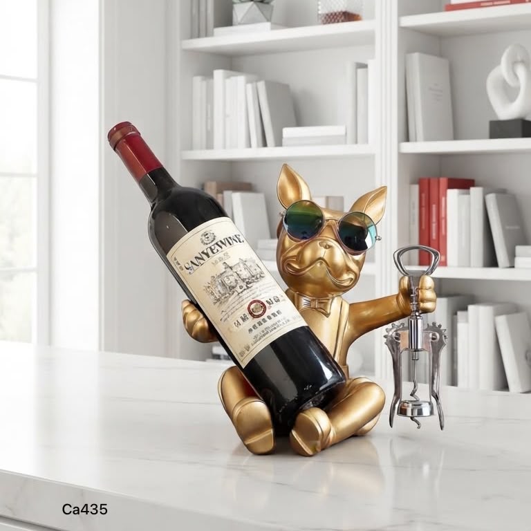 Articulo decorativo porta vino perro dorado sentado 25cm* 18cm* 21cm